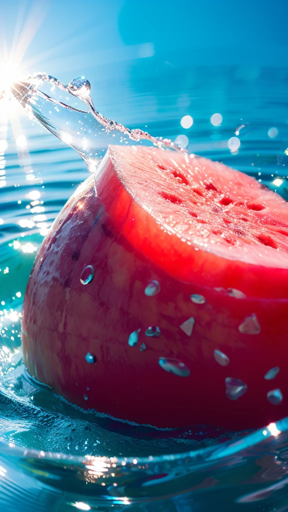 Summer Dream,Red heart watermelon,Dreamy lighting,The scattered water drops float in the air and sparkle in the sun,HD,Details,Best quality