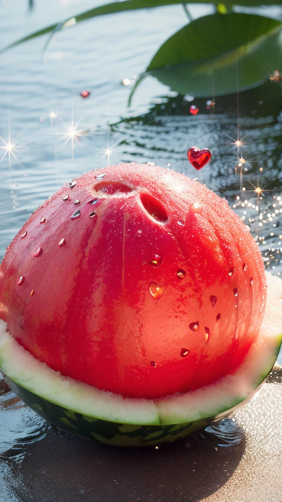 Summer Dream,Red heart watermelon,Dreamy lighting,The scattered water drops float in the air and sparkle in the sun,HD,Details,Best quality
