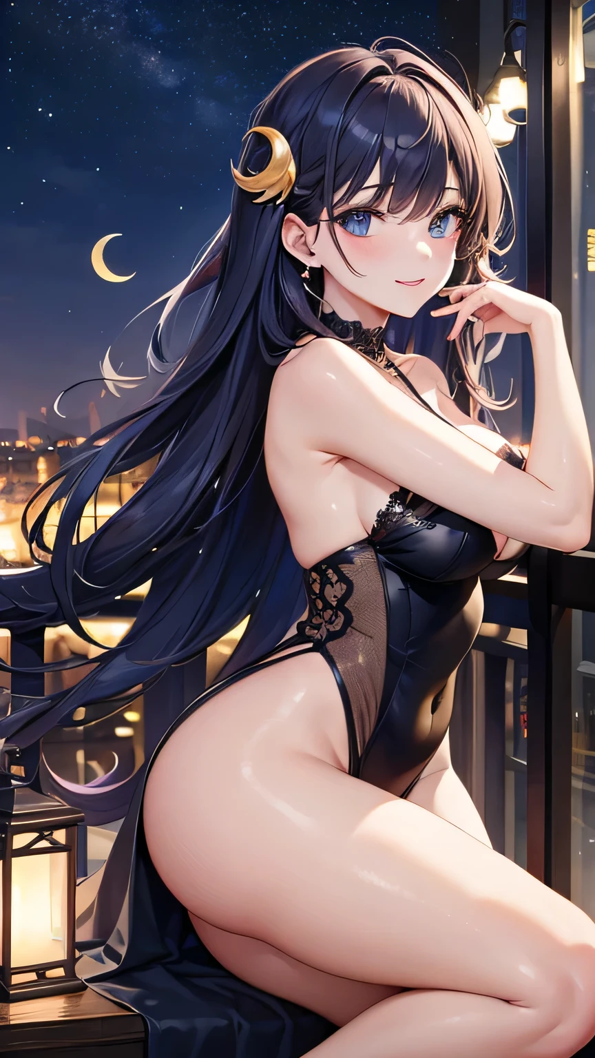 (((Best quality, 8k, Masterpiece: 1.3)), ((best quality)), ((masterpiece)), (detailed), perfect face, Beautiful woman posing on balcony, evening party, party, sexy dress, provocative look, smile, Artistic poses, attractive compositions, Night view, night sky, crescent moon, jewelry, crescent hair ornament, hair behind ear, crystal hair, floating hair