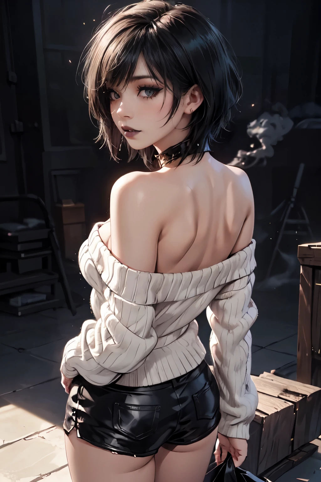 Girl, woman, emo_hairstyle, black lipstick, dog collar, eyeliner, eye shadow, smoky eyes, realistic lighting, short hair, cleavage, sweater, standing up, off shoulder, strapless, shiny skin, arched back, short shorts.