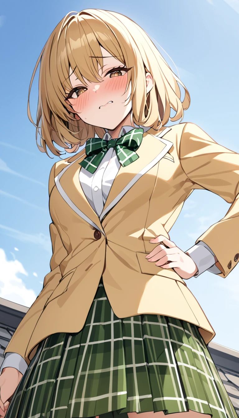 masterpiece, best quality, highres, 1girl, solo, blonde medium hair, brown eyes, , green bowtie, blazer, yellow jacket, long sleeves, plaid skirt, green skirt, standing, put hands on hip,from below,on roof top, embarrassed face