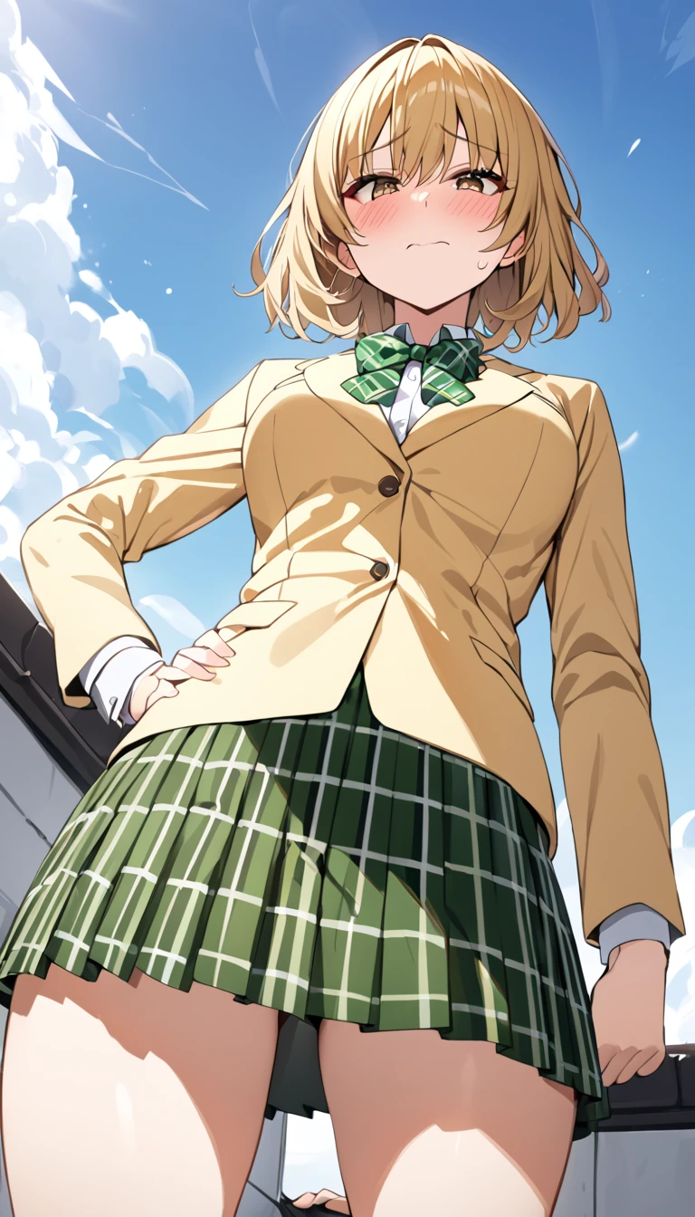 masterpiece, best quality, highres, 1girl, solo, blonde medium hair, brown eyes, , green bowtie, blazer, yellow jacket, long sleeves, plaid skirt, green skirt, standing, put hands on hip,from below,on roof top, embarrassed face