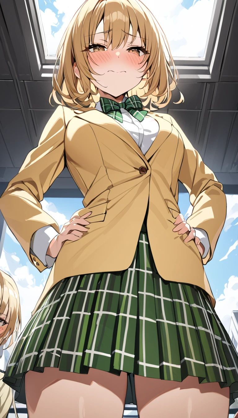 masterpiece, best quality, highres, 1girl, solo, blonde medium hair, brown eyes, , green bowtie, blazer, yellow jacket, long sleeves, plaid skirt, green skirt, standing, put hands on hip,from below,on roof top, embarrassed face