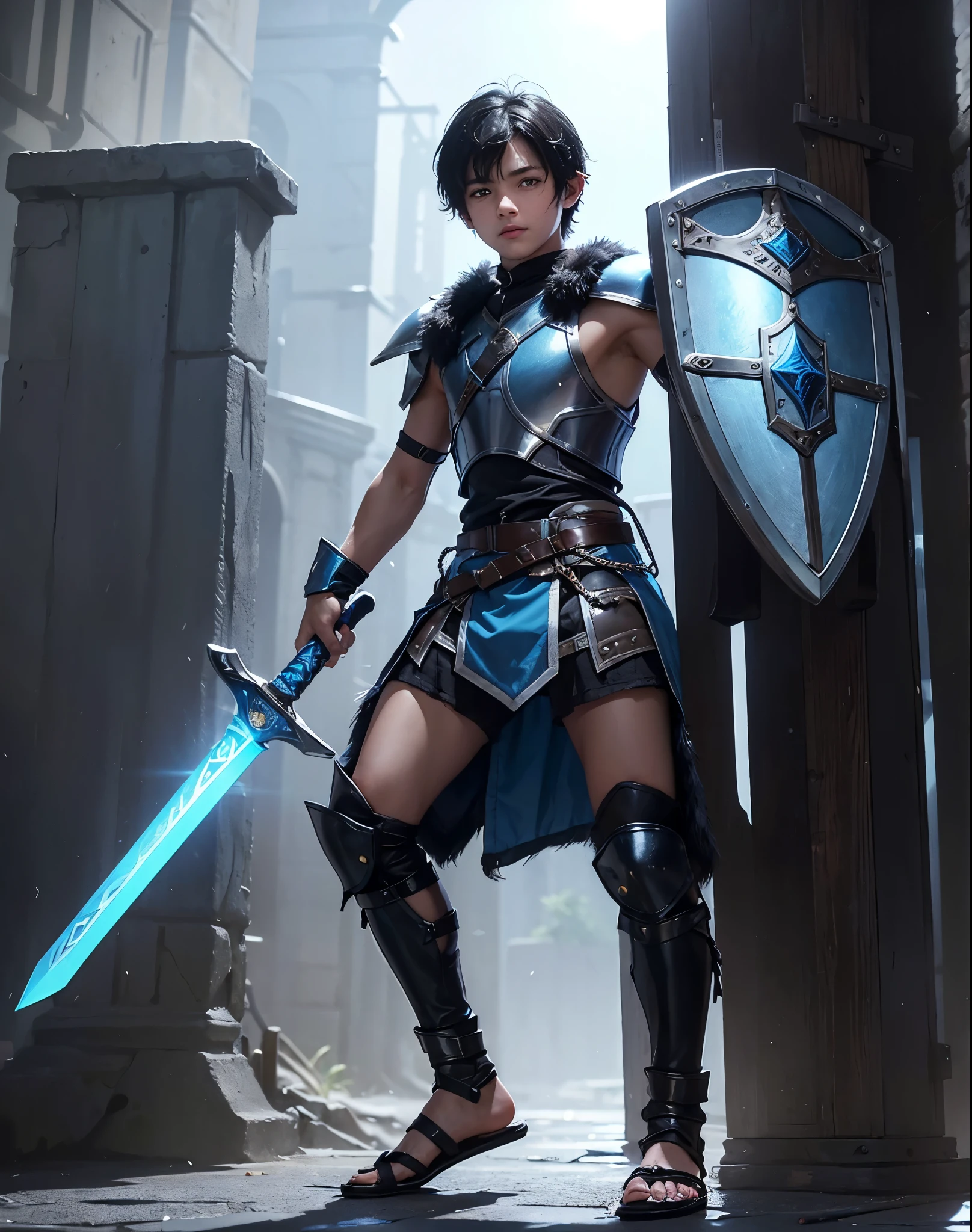 Young 13-year-old boy with black hair and brown eyes, innocent and happy, dressed in short neon-blue medieval barbarian clothes, fur shorts, light-blue battle armor, weilding silver sword and shield, sandals; fullbody; short hair, boyish athletic, sexy,