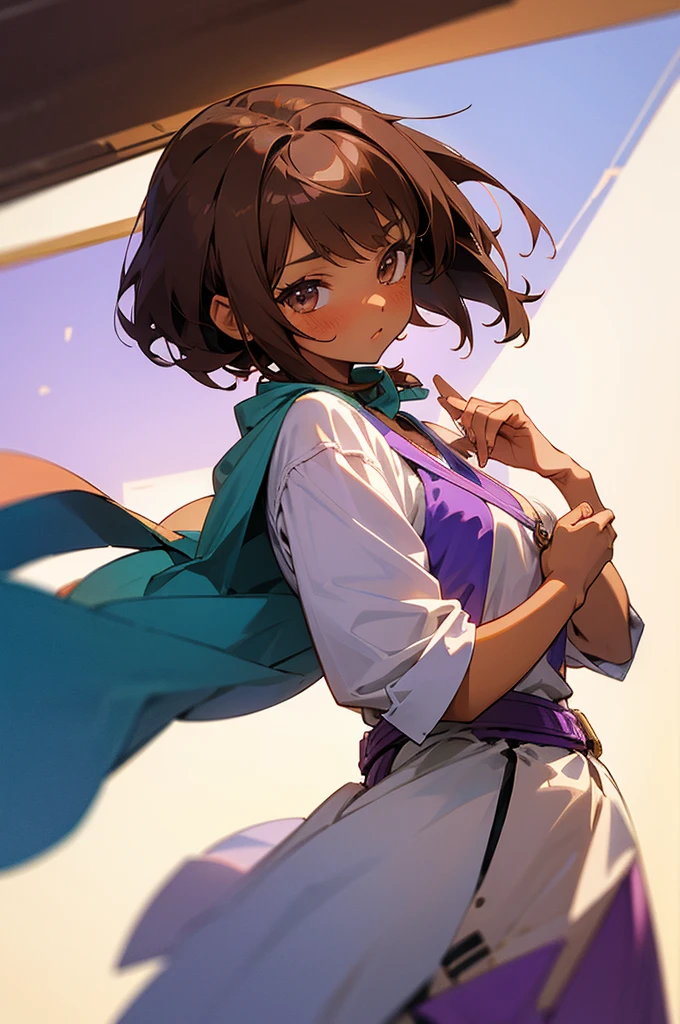Cute anime style girl with purple details brown hair , brown skin tone