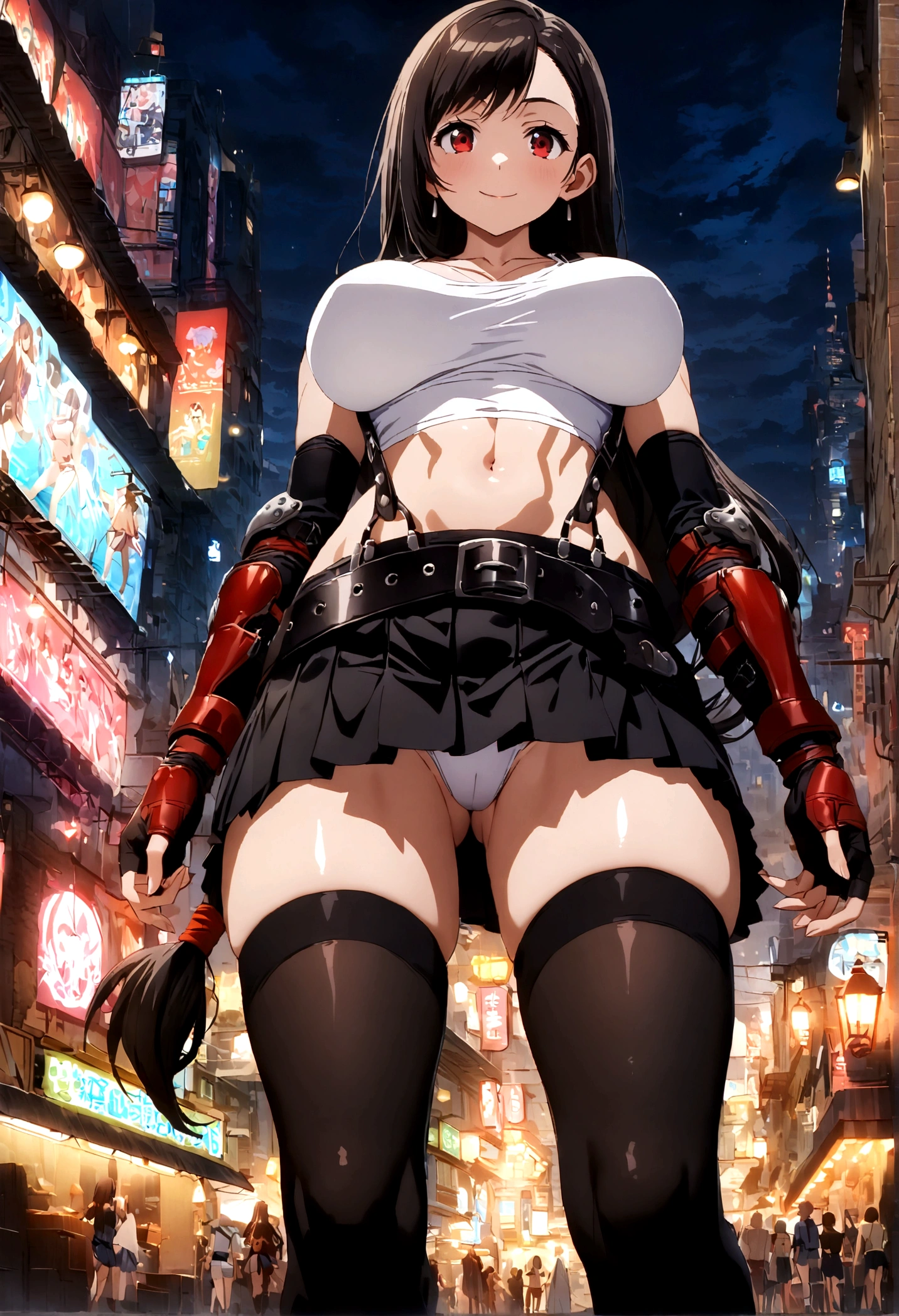 score_9, score_8_up, score_7_up,4k, ,BREAK , from front,from below,foot angle view,breast focus:1.5,standing,straight-on,(arms in sides),(pantiesshot),(medium shot),looking_at_viewer ,1girl, tifa lockhart, final fantasy, tareme,black hair, low-tied long hair, red eyes, bangs, white tank top, belt, pleated skirt, thighhighs, elbow fingerless gloves, elbow pads, midriff, navel,suspender skirt ,large_breasts,(light smile),Curvy waist ,Solo,,(midnight and beachside and city),Toned,,detailed skin,(best quality),(aesthetic,very aesthetic),masterpiece, highres,4k,(ultra-detailed:1.4) (illustration:0.4), (ray tracing,:0.7),(anime colored:0.7),(ai-generated:0.5), (anime screencap:0.8),megami magazine