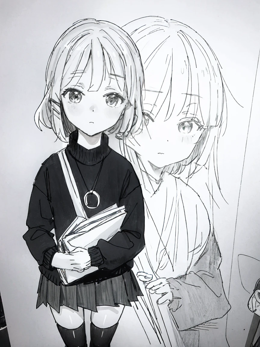One Girl,Line art,Monochrome,sketch,Pencil drawing,Traditional Media,One Girl, Upper body,She's in trouble,pattern,sweater,Primary school students ,Delicate body、mini skirt、black tights、Open leg pose、, Long sleeve, With legs apart, alone、(Cute Teenage Girl, alone),Beautiful portrait、Respect、Crying face、Seeking help、Black-haired、