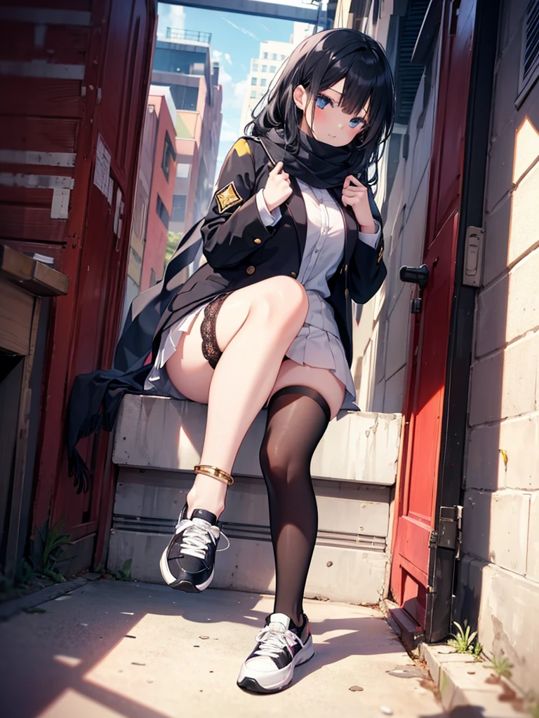 1girl,,legwear,,anklet,black hair,straight_hair,hime cut,long hair,sneakers,huge filesize,scarf,Uniforms,lace,student, breasts