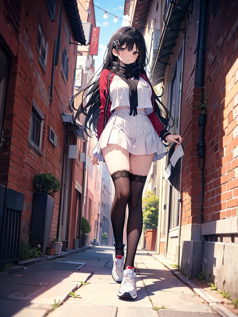 1girl,,legwear,,anklet,black hair,straight_hair,hime cut,long hair,sneakers,huge filesize,scarf,Uniforms,lace,student, breasts