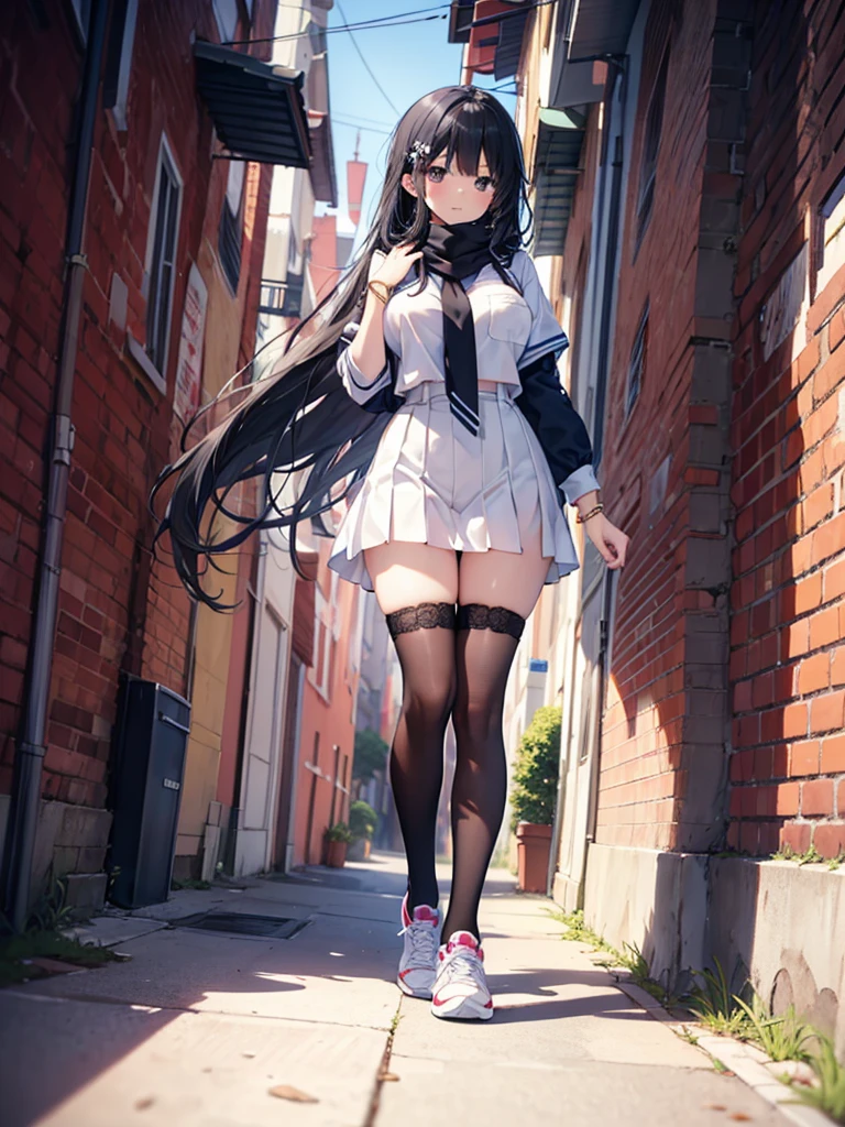 1girl,,legwear,,anklet,black hair,straight_hair,hime cut,long hair,sneakers,huge filesize,scarf，Uniforms，lace,student， breasts