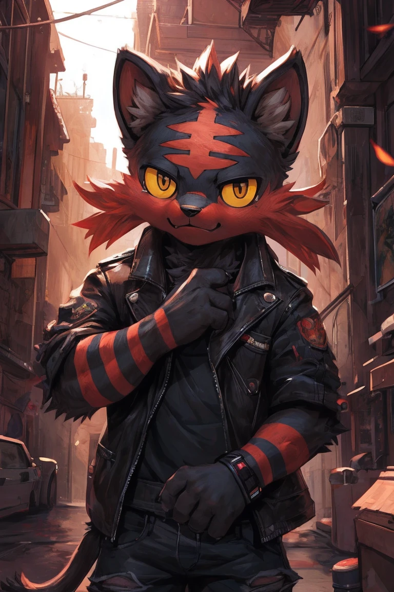 litten, furry, male, solo, looking at viewer, good boy, ultra detailed, front view, hugging pose, (open clothing), punk jacket, tear jeans. perfect lighting, CG, detailed fur texture, by Pino Daeni, niji. in alley. bust portrait, pants down, black fur, white ears, yellow eyes,young,cub
