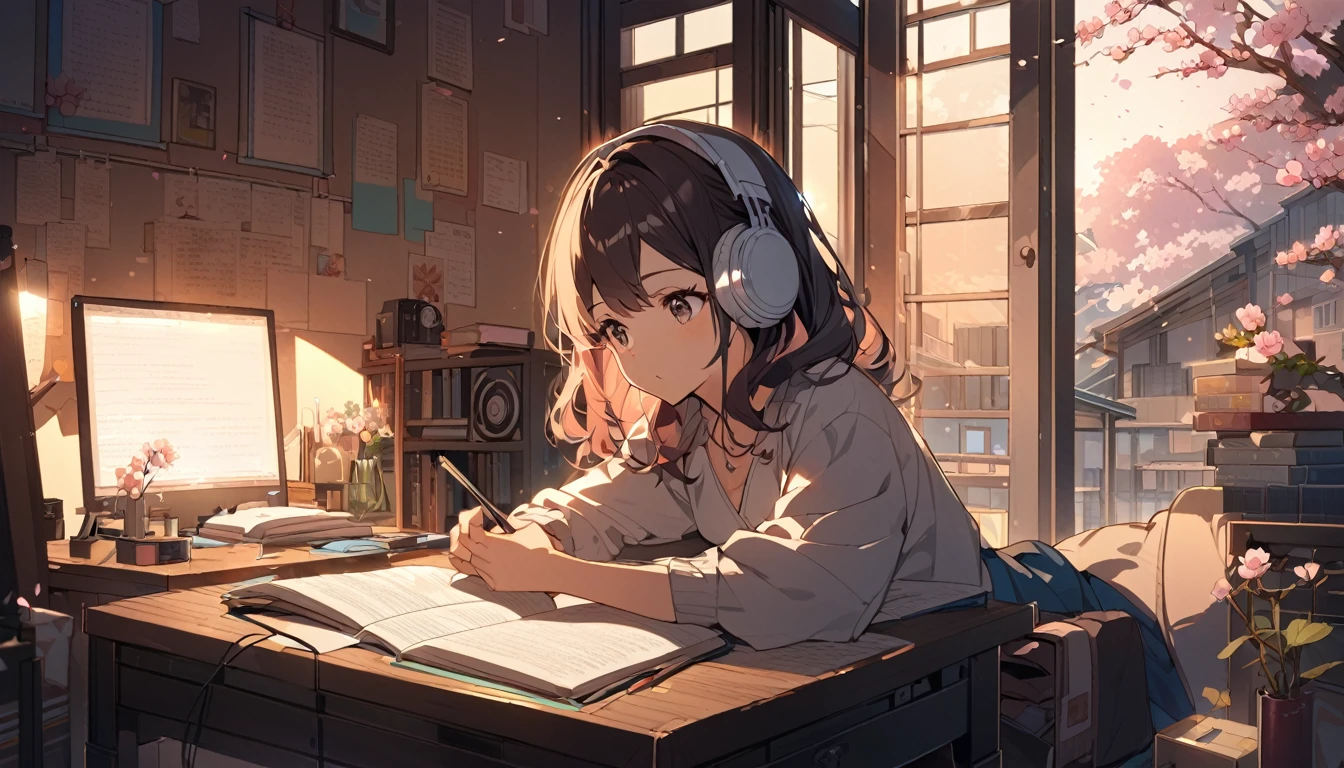 Beautiful girl studying while listening to music with headphones in her room, warm lighting, cherry blossoms blooming outside the room, Japanese anime style