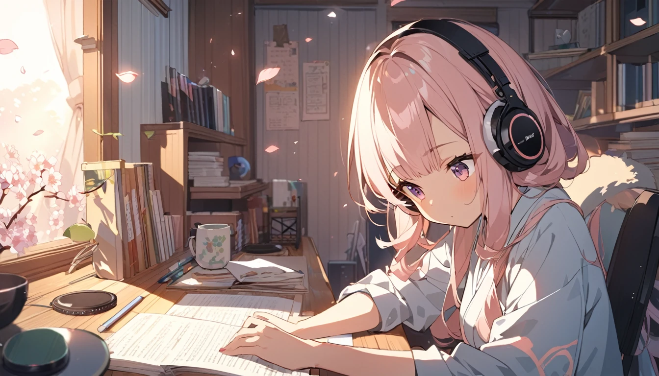 Beautiful girl studying while listening to music with headphones in her room, warm lighting, cherry blossoms blooming outside the room, Japanese anime style