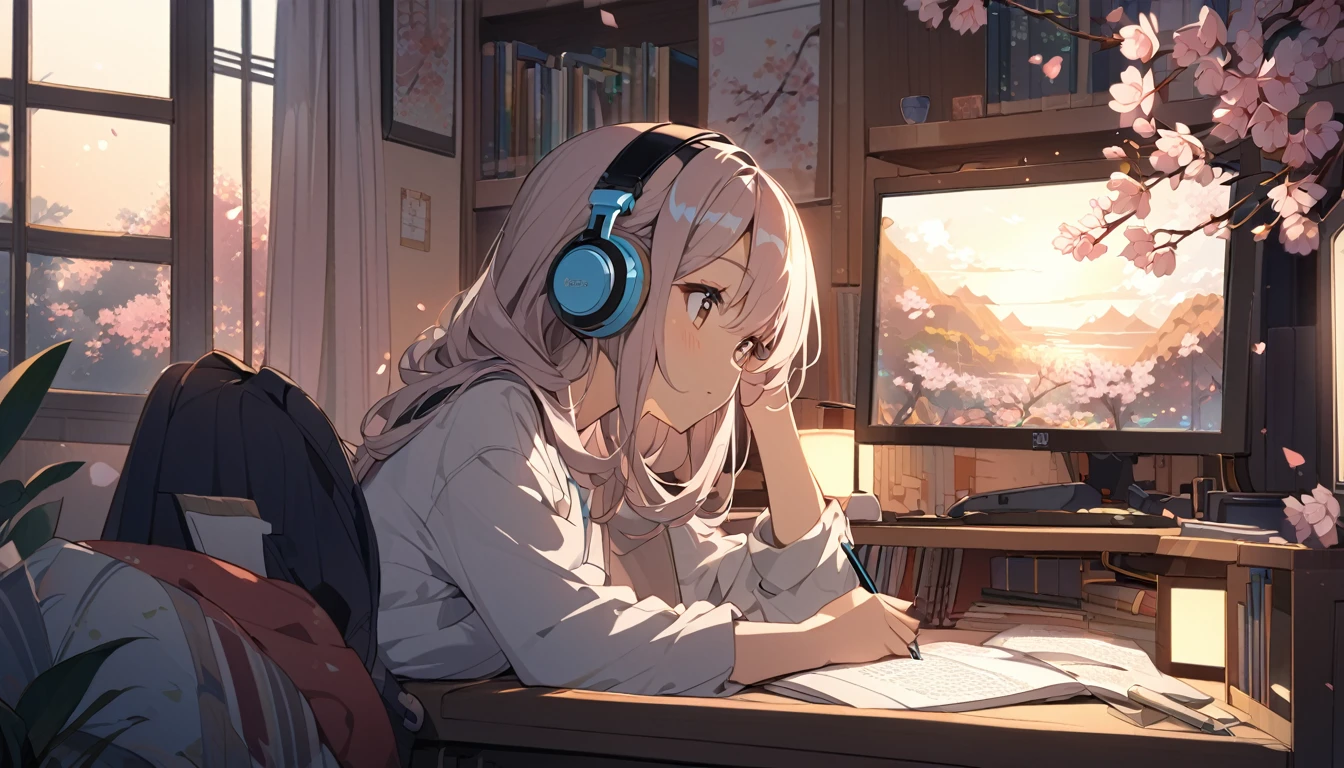Beautiful girl studying while listening to music with headphones in her room, warm lighting, cherry blossoms blooming outside the room, Japanese anime style