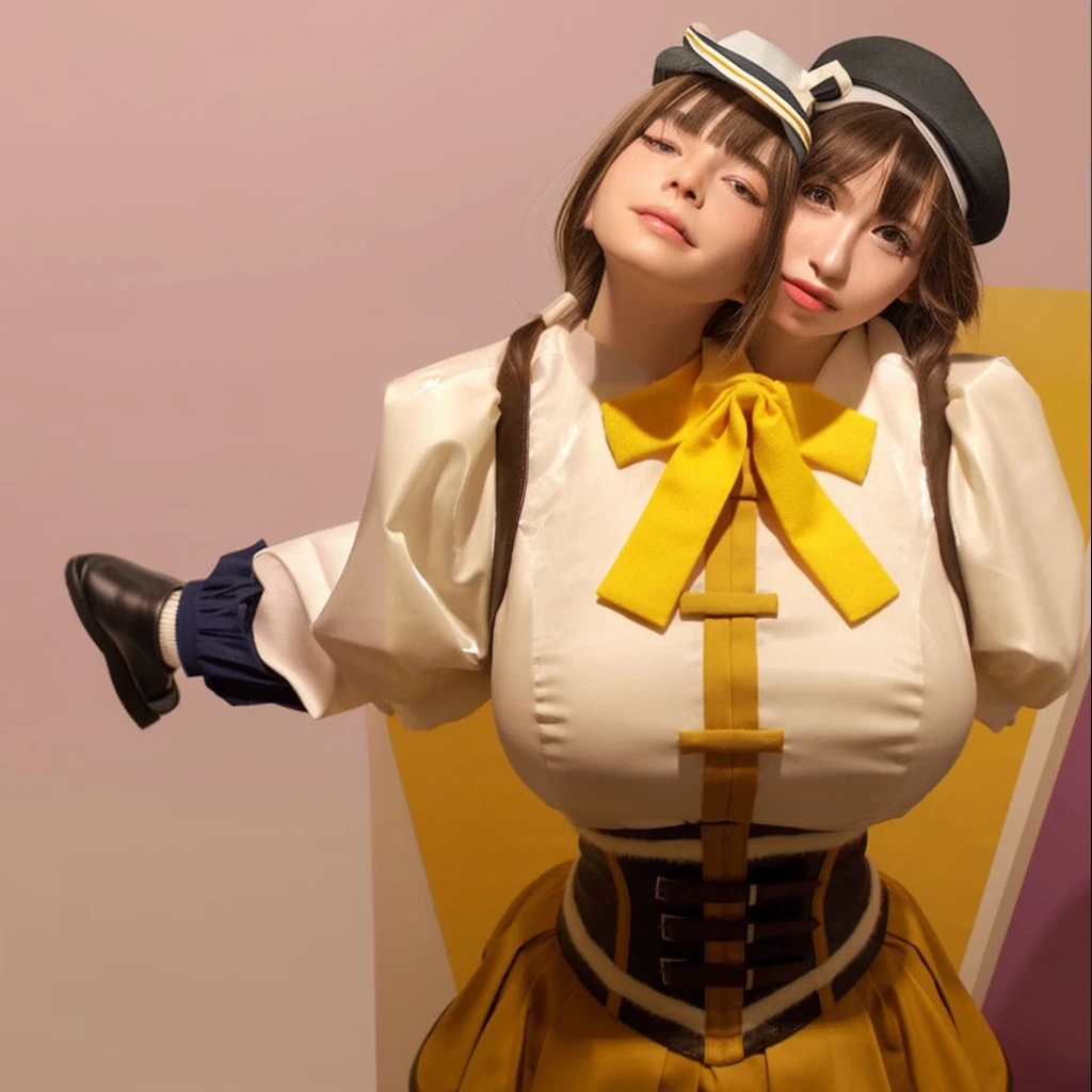 (masterpiece, Highest quality), One girl, Mamiai, Yellow Eyes, Blonde, Drill Hair, Twin Drill, Shiny, Shiny hair, chest, blush, smile, bangs, large chest, neck ribbon, hair ornaments, ribbon, Part your lips, ;), light blush, yellow ribbon, hairpin, Dot Nose, Magical girl, Tomoe Mama, skirt, shirt, Knee socks, Long sleeve, Have, Short sleeve, heart, Thighs, pleated skirt, boots, Removable sleeves, Striped, Puffy sleeves, puffy Short sleeve, zettai ryouiki, Black Hat, beret, Brown footwear, knee boots, feather, corset, Striped Knee socks, vertical stripes, High collar, brown Knee socks, yellow skirt, vertical-Striped Knee socks,Madoka Magica