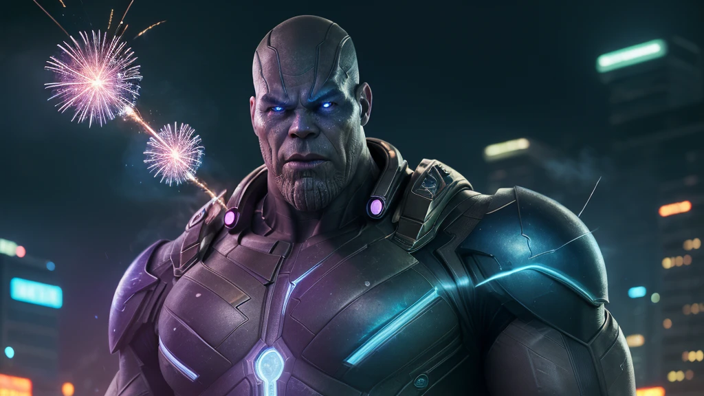 gloomy portrait of God Cyborg thanos from marvel, extremely detailed, futuristic cityscape, nighttime, glowing neon lights, smoke, sparks, metal shavings, flying debris, blue energy effects, volumetric light, cowboy shot.