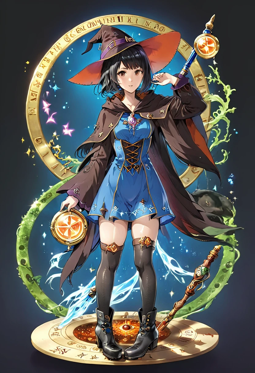 A beautiful witch in the style of Studio Ghibli, 1.55 tall, , with medium-length black hair, light brown eyes, fair skin, wearing a very short, transparent blue waist-length dress, black stockings and dark brown boots, a black and cinnamon cloak, a light brown handbag and a magic wand made of coral lizard. 8k image, ((highest quality)),(ultra high resolution),(Super detailed),(detailed description),((best GC)),(best artwork),super art precision,great drawing- art(Fantasy art with precise details:1.5),(witch:1.6),(and pretty cute shaped face:a 1.5),(Magic circle floating:1.6),dynamic pose:1.5,boots:1.3, magic circle, final fantasy XV style, 4K, super sexy, without panties