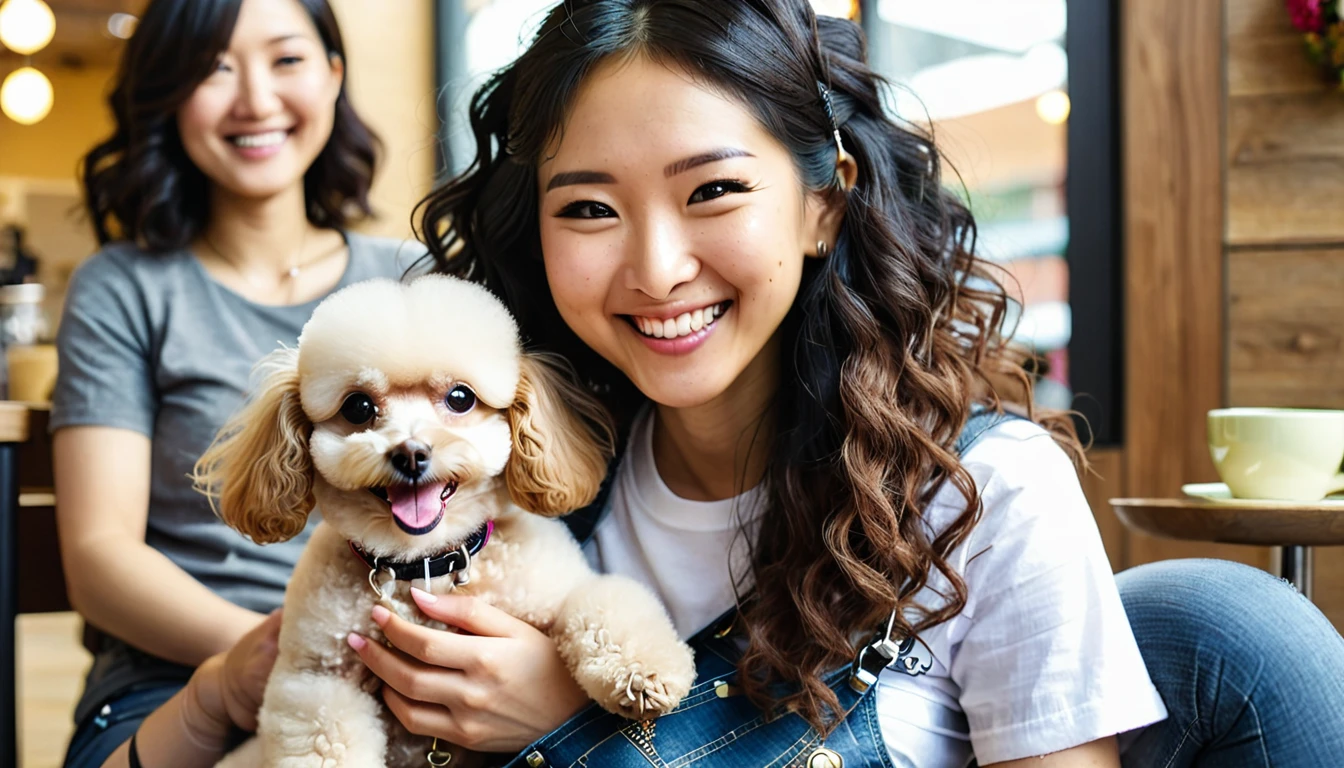 Interior of a cozy dog cafe. A young Asian woman in her 20s sitting with a toy poodle on her lap. The woman has long dark hair and wears casual clothing (e.g., a simple t-shirt and jeans). She is gently petting the poodle and smiling warmly. Soft natural lighting emphasizes the warm atmosphere. Close-up shot focusing on the woman and dog interaction, showing their bond.