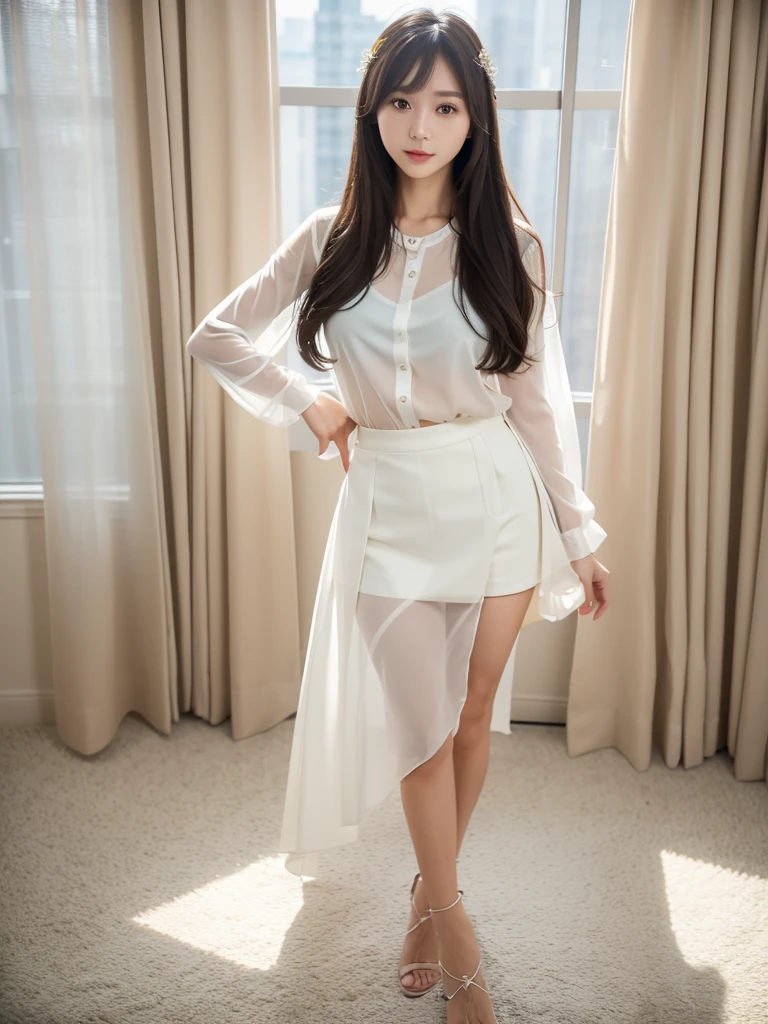 White long tight skirt 、Sheer blouse、(Highest quality)、((Very detailed))、4K、(8K)、masterpiece、Very detailedな、Highest quality、Super Resolution、1 person、Kind Face、Soft Light、RAW quality、Soft Skin、Sandals、163cm