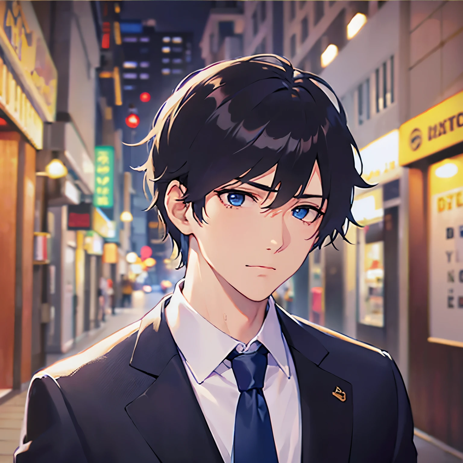 (looking away:1.5), close up of your face、shiny skin, masterpiece、Highest quality、(25-year-old male:1.5) and (Black short hair) and (blue eyes), (Wearing a suit:1.5) and (Blue tie)、Are standing、(sad:1.5)、The background is a shopping street at night、alone