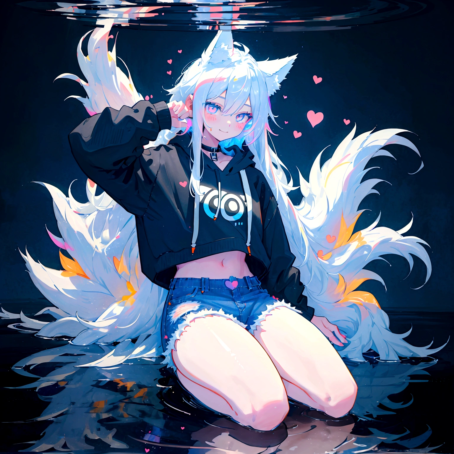 a cute adult male with wolf ears, long white hair, long locks, has a wolf tail, wearing a loose cropped black hoodie, wearing a pair of denim short shorts and fishnet stockings, thick thighs, wide hips, relaxing on mound of fluffy multi colored kawaii plushies, short, very slim, showing slender tummy, heart on hoodie, squishy thighs, has glowing blue eyes. alone, solo (ALONE)(SOLO), surrounded by rainbows, colorful galaxy backround, smiling, stretching out, water reflection