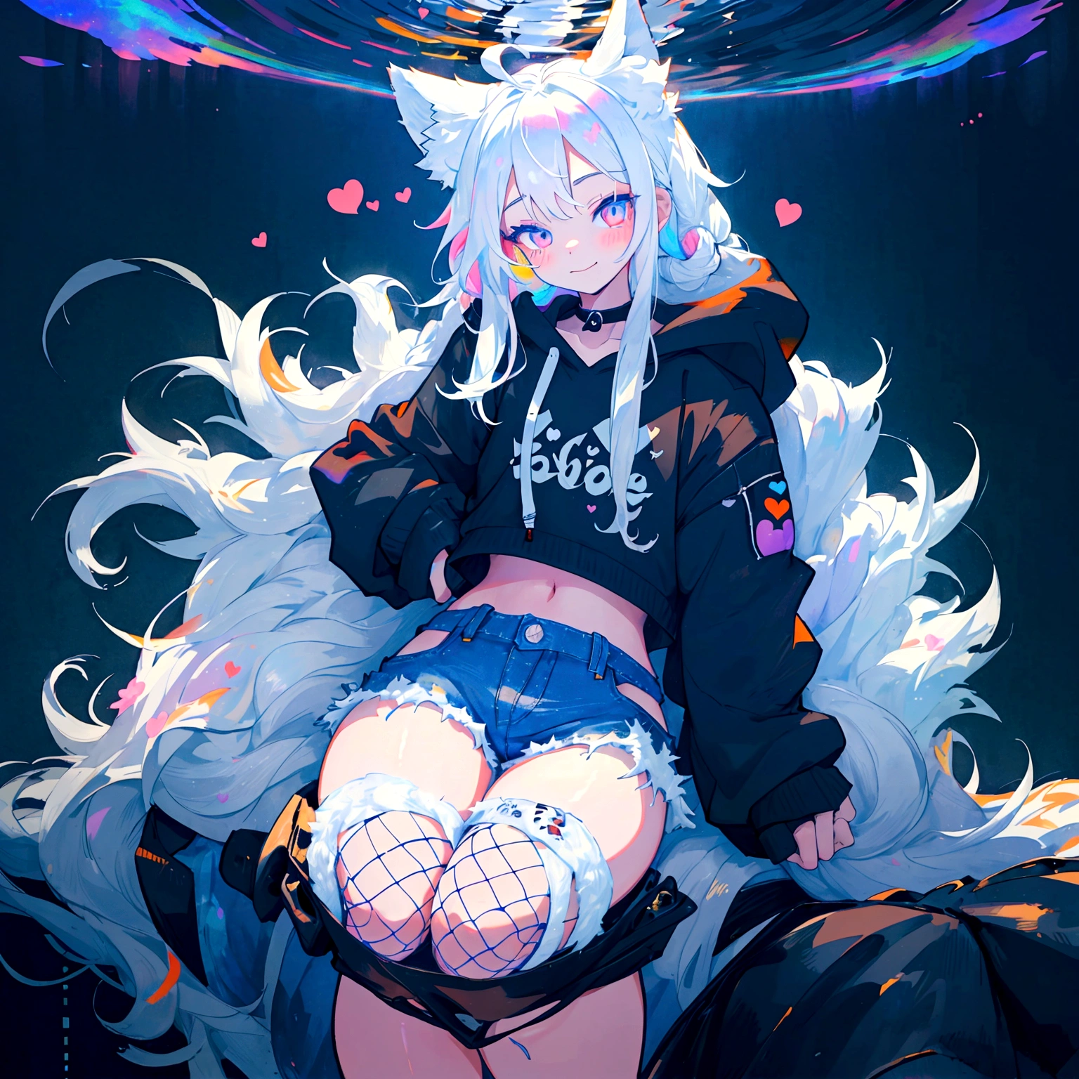 a cute adult male with wolf ears, long white hair, long locks, has a wolf tail, wearing a loose cropped black hoodie, wearing a pair of denim short shorts and fishnet stockings, thick thighs, wide hips, relaxing on mound of fluffy multi colored kawaii plushies, short, very slim, showing slender tummy, heart on hoodie, squishy thighs, has glowing blue eyes. alone, solo (ALONE)(SOLO), surrounded by rainbows, colorful galaxy backround, smiling, stretching out, water reflection