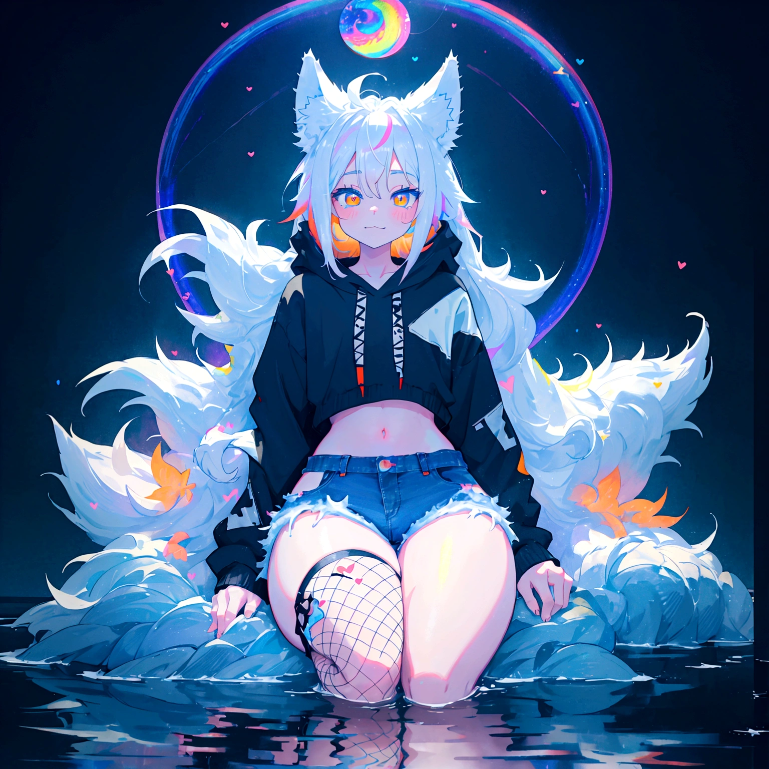 a cute adult male with wolf ears, long white hair, long locks, has a wolf tail, wearing a loose cropped black hoodie, wearing a pair of denim short shorts and fishnet stockings, thick thighs, wide hips, relaxing on mound of fluffy multi colored kawaii plushies, short, very slim, showing slender tummy, heart on hoodie, squishy thighs, has glowing blue eyes. alone, solo (ALONE)(SOLO), surrounded by rainbows, colorful galaxy backround, smiling, stretching out, water reflection