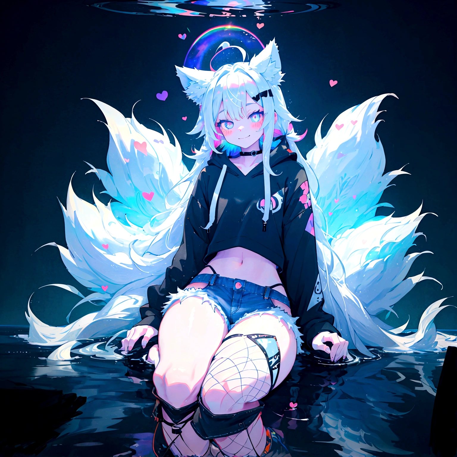 a cute adult male with wolf ears, long white hair, long locks, has a wolf tail, wearing a loose cropped black hoodie, wearing a pair of denim short shorts and fishnet stockings, thick thighs, wide hips, relaxing on mound of fluffy multi colored kawaii plushies, short, very slim, showing slender tummy, heart on hoodie, squishy thighs, has glowing blue eyes. alone, solo (ALONE)(SOLO), surrounded by rainbows, colorful galaxy backround, smiling, stretching out, water reflection