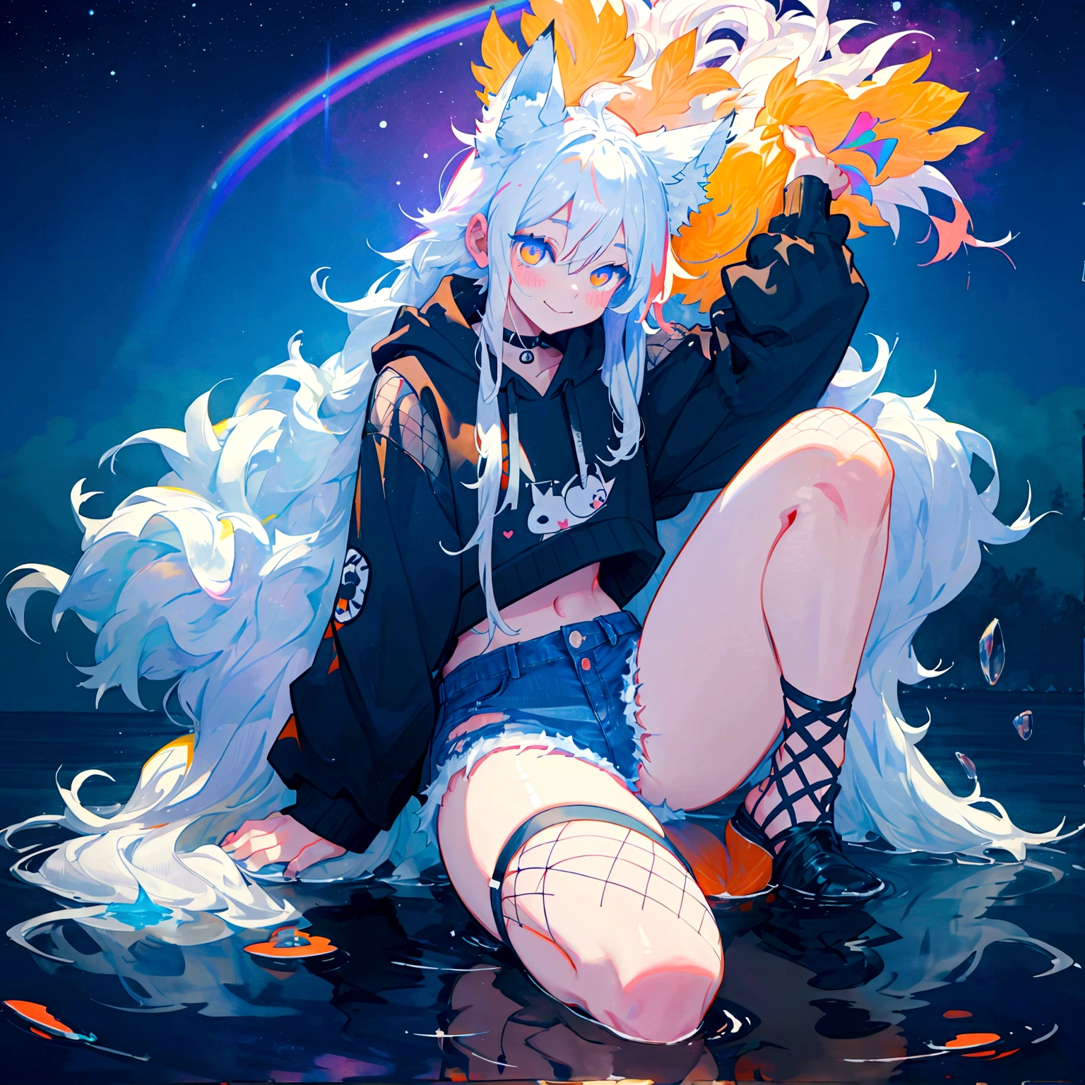 a cute adult male with wolf ears, long white hair, long locks, has a wolf tail, wearing a loose cropped black hoodie, wearing a pair of denim short shorts and fishnet stockings, thick thighs, wide hips, relaxing on mound of fluffy multi colored kawaii plushies, short, very slim, showing slender tummy, heart on hoodie, squishy thighs, has glowing blue eyes. alone, solo (ALONE)(SOLO), surrounded by rainbows, colorful galaxy backround, smiling, stretching out, water reflection