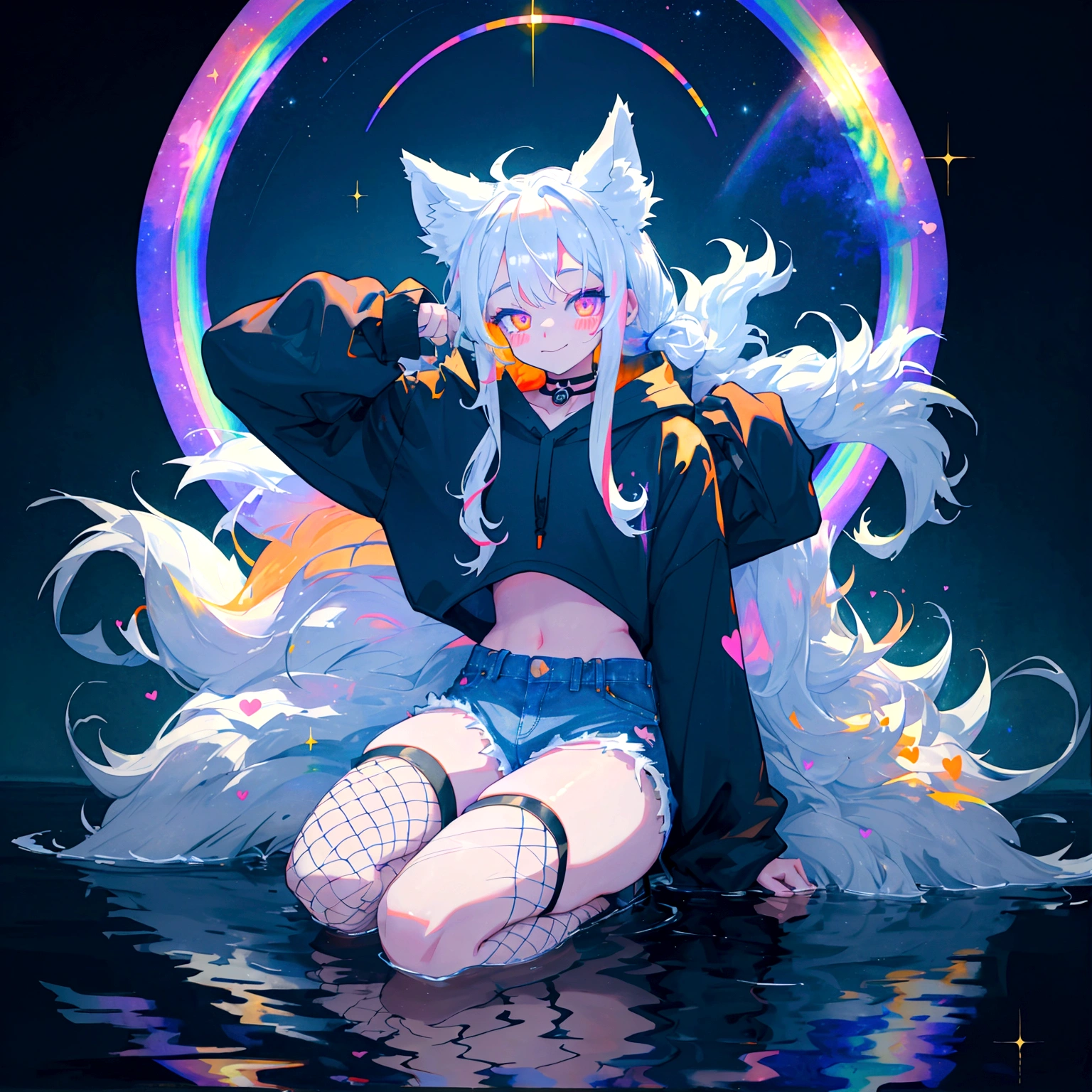 a cute adult male with wolf ears, long white hair, long locks, has a wolf tail, wearing a loose cropped black hoodie, wearing a pair of denim short shorts and fishnet stockings, thick thighs, wide hips, relaxing on mound of fluffy multi colored kawaii plushies, short, very slim, showing slender tummy, heart on hoodie, squishy thighs, has glowing blue eyes. alone, solo (ALONE)(SOLO), surrounded by rainbows, colorful galaxy backround, smiling, stretching out, water reflection