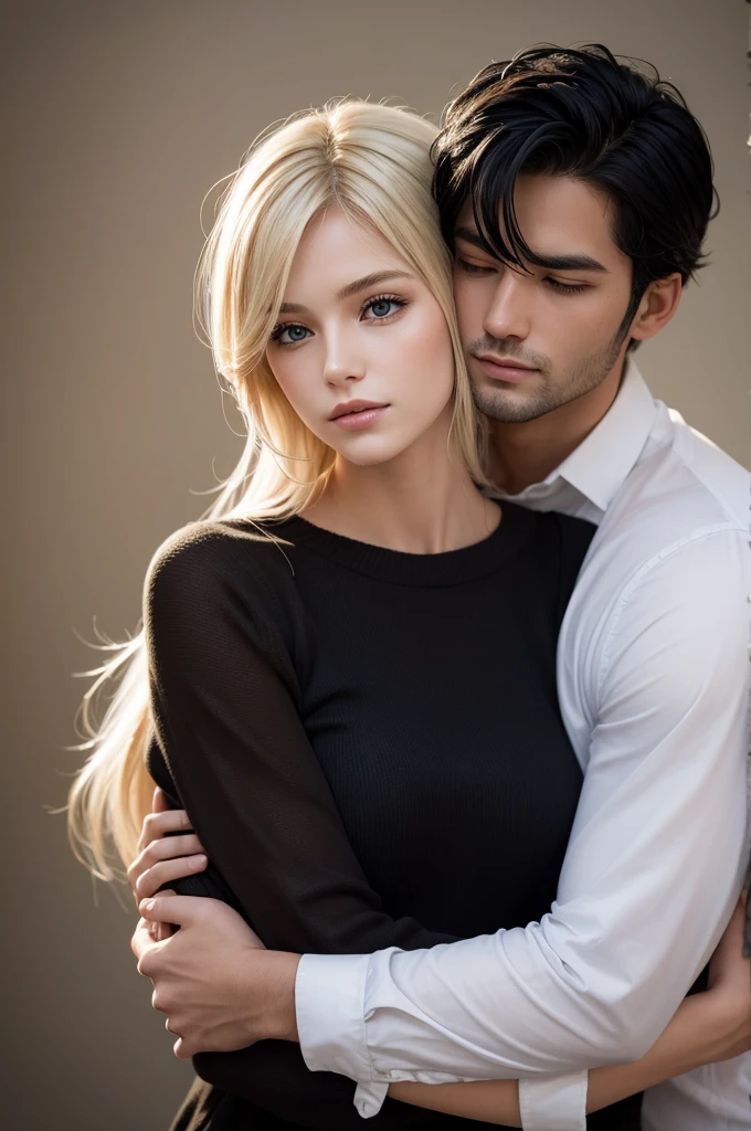 onde blond woman hugs back of a man with Black dark hair.  Detais, good light, perfect face