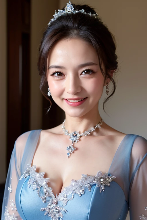(masterpiece:1.4), high definition, (high quality:1.4), (60-year-old woman:1.4), (wrinkles on the face:1.4), beautiful, (ballgown:1.4), puffy sleeves, big breasts, smile, wearing long blue evening dress, princess, cinderella-style, frozen