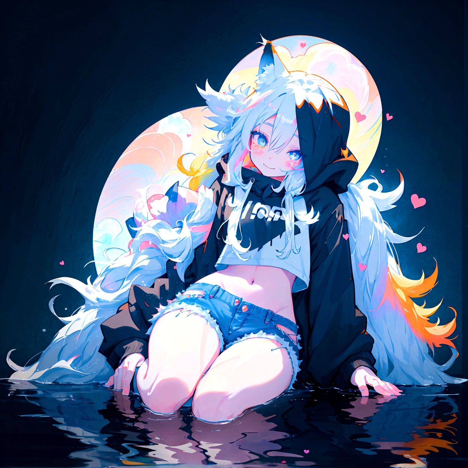 a cute adult male with wolf ears, long white hair, long locks, has a wolf tail, wearing a loose cropped black hoodie, wearing a pair of denim short shorts and fishnet stockings, thick thighs, wide hips, relaxing on mound of fluffy multi colored kawaii plushies, short, very slim, showing slender tummy, heart on hoodie, squishy thighs, has glowing blue eyes. alone, solo (ALONE)(SOLO), surrounded by rainbows, colorful galaxy backround, smiling, stretching out, water reflection