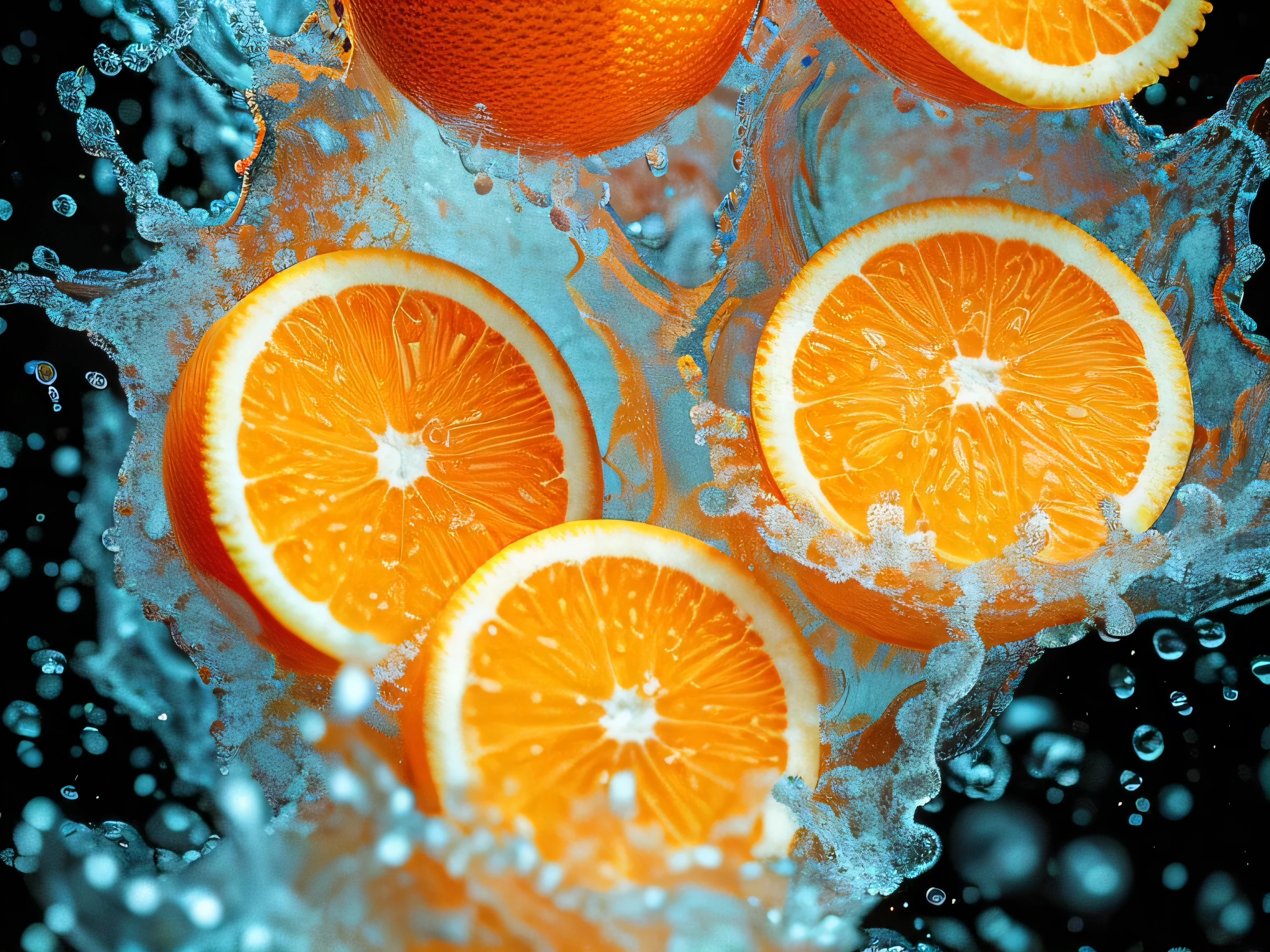 Real photography of 3 oranges falling into water and splashing with water droplets. Commercial advertising style, macro shot, background, warm lighting, cool colors creating splash effect. The cherry is dotted with white light spots, and the cherry falls from above, forming a splashing liquid water ball. HD photography quality.