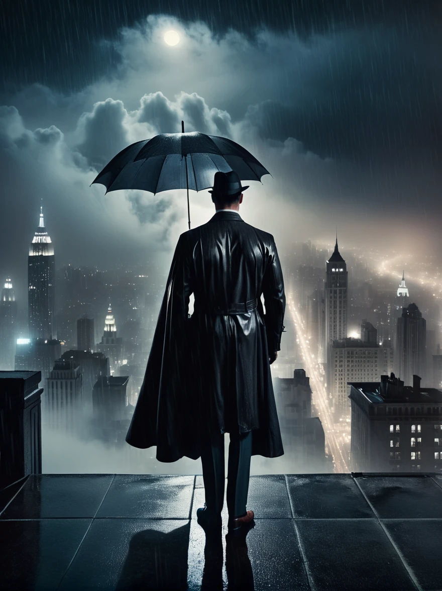 In the heavy rain, a mysterious and brave man holding an umbrella，Standing on top of a tall building，Shrouded in darkness of a 1940s noir-style cityscape, Strong physique，Glamorous，Exuding perseverance, He wore a unique costume，Wearing a flowing cape，The city view is gloomy and dim，Only a few scattered lights penetrate the foggy night sky，Swirling clouds cover the night sky，The faint moonlight outlines this figure and the city below