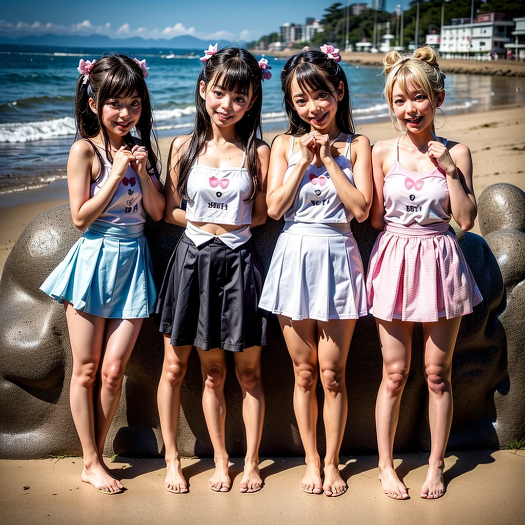 ((ExtremelyDetailed (12 PUNIPUNI KAWAII Girls in a row:1.37) in WHITE at Dusk Enoshima Beach)), (masterpiece 8K TopQuality) (ProfessionalPhoto:1.37), {(Standing Full Body:1.2)|(from below:1.2)}, Different types of hair colors, {school swimwear|School Uniform(Upskirt:0.24)|tutu}, Joyful Expressions LifeLike Rendering, PerfectLighting, [RainbowColorHorizon]