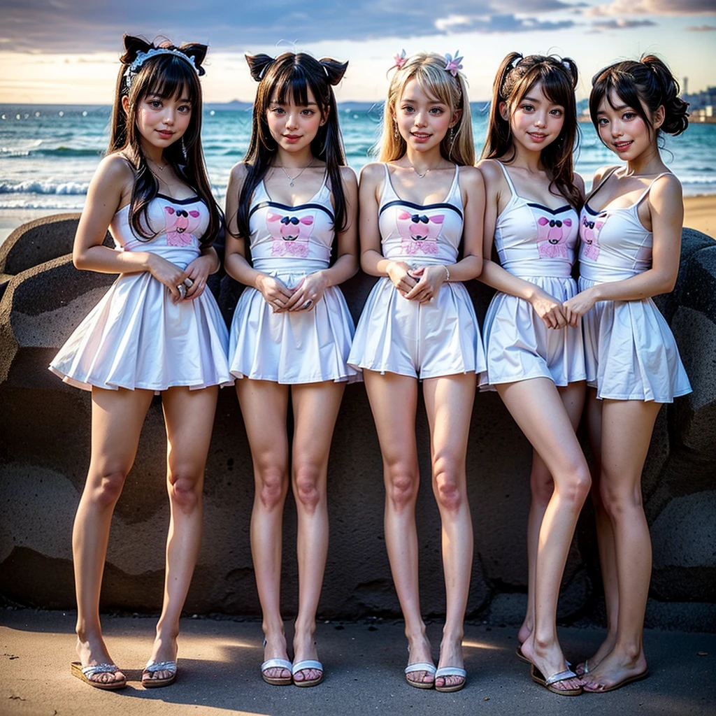 ((ExtremelyDetailed (12 PUNIPUNI KAWAII Girls in a row:1.37) in WHITE at Dusk Enoshima Beach)), (masterpiece 8K TopQuality) (ProfessionalPhoto:1.37), {(Standing Full Body:1.2)|(from below:1.2)}, Different types of hair colors, {school swimwear|School Uniform(:0.24)|tutu}, Joyful Expressions LifeLike Rendering, PerfectLighting, [RainbowColorHorizon]
