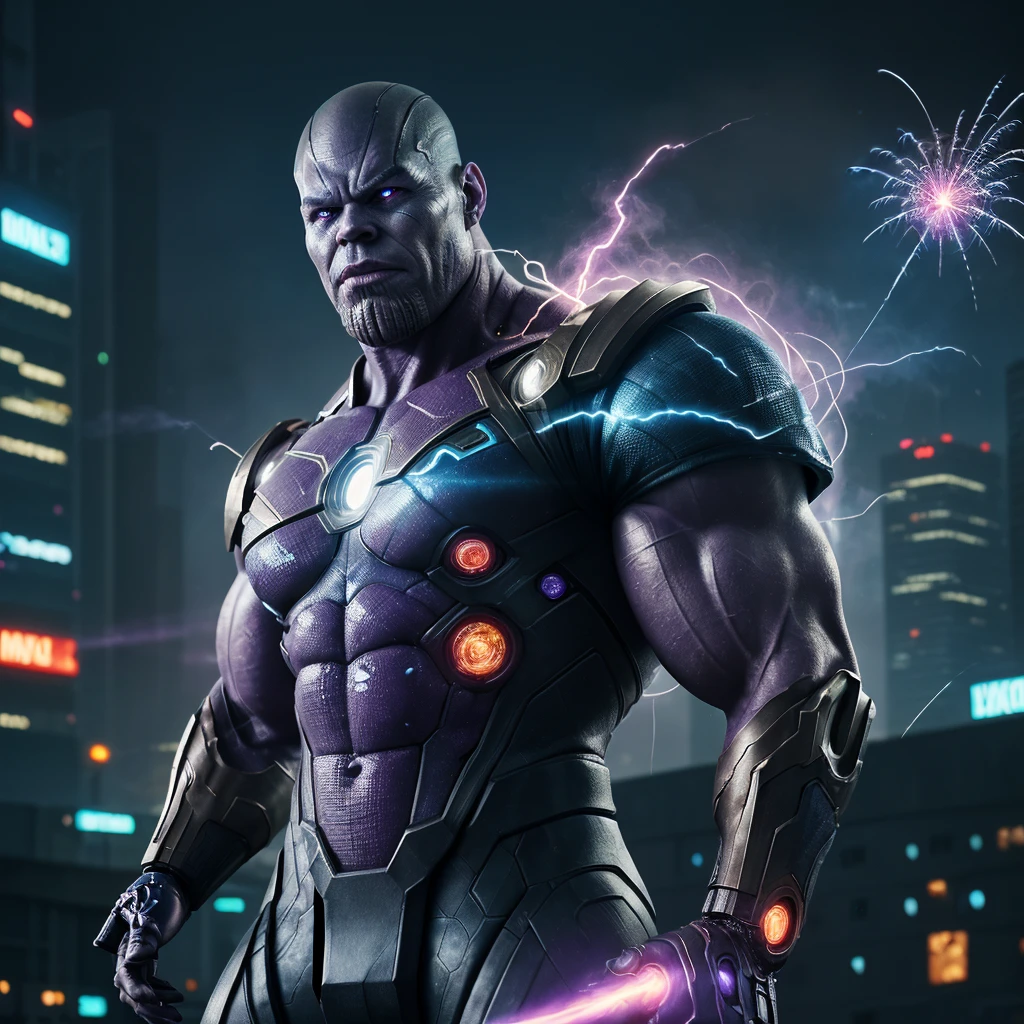 gloomy portrait of God Cyborg thanos from marvel, extremely detailed, futuristic cityscape, nighttime, glowing neon lights, smoke, sparks, metal shavings, flying debris, blue energy effects, volumetric light, cowboy shot.