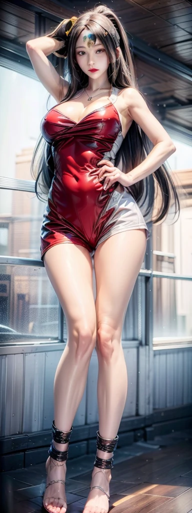 realistic, 1 women, best quality, 12k, HD, long hair, big round breasts, cleavage, ponytail, necklace, jewelry, shorts, short jacket, slim hips, hair tie, yellow eyes, black hair, super detailed, Eye details, hair details, person details, mouth details, face details, breast details, clothes details, hair details, pants details, hand details, whole body