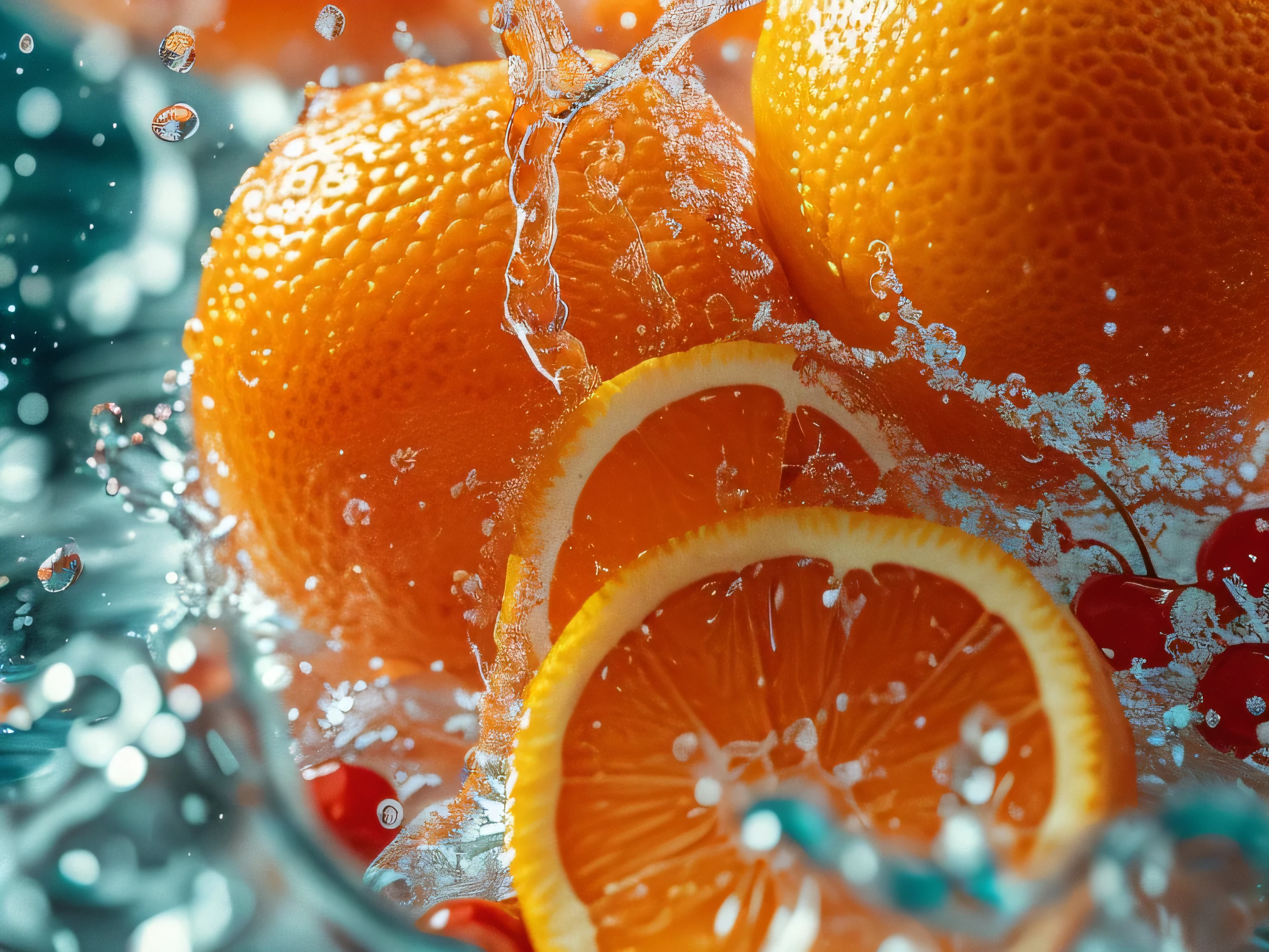 Real photography of 3 oranges falling into water and splashing with water droplets. Commercial advertising style, macro shot, background, warm lighting, cool colors creating splash effect. The cherry is dotted with white light spots, and the cherry falls from above, forming a splashing liquid water ball. HD photography quality.