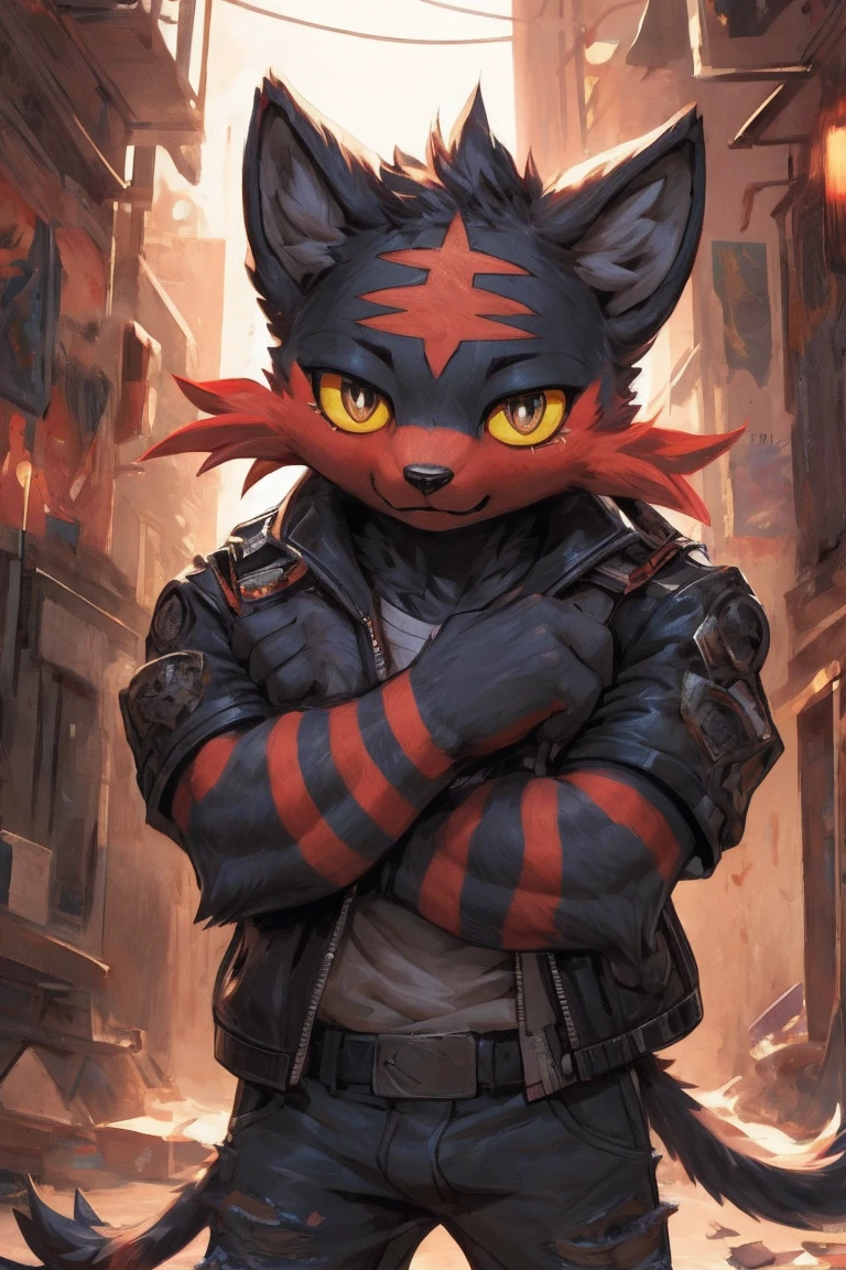 litten, furry, male, solo, looking at viewer, good boy, ultra detailed, front view, hugging pose, (open clothing), punk jacket, tear jeans. perfect lighting, CG, detailed fur texture, by Pino Daeni, niji. in alley. bust portrait, pants down, black fur, white ears, yellow eyes,young,cub,futuristic,kingdom
