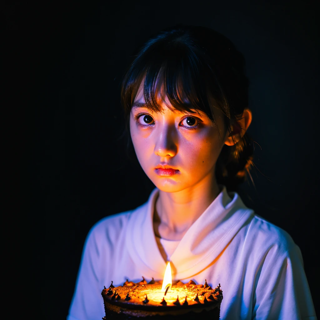Dark Room, Candle flame on cake, Sad face, Black Background, Tragic, Ultra HD、128k、Masterpiece、A kindergarten girl、 clavicle, RAW Photo、Big-eyed girl in white clothes、Long face, Professional Lighting、Japanese anime style, I'm about to cry, Holding back tears