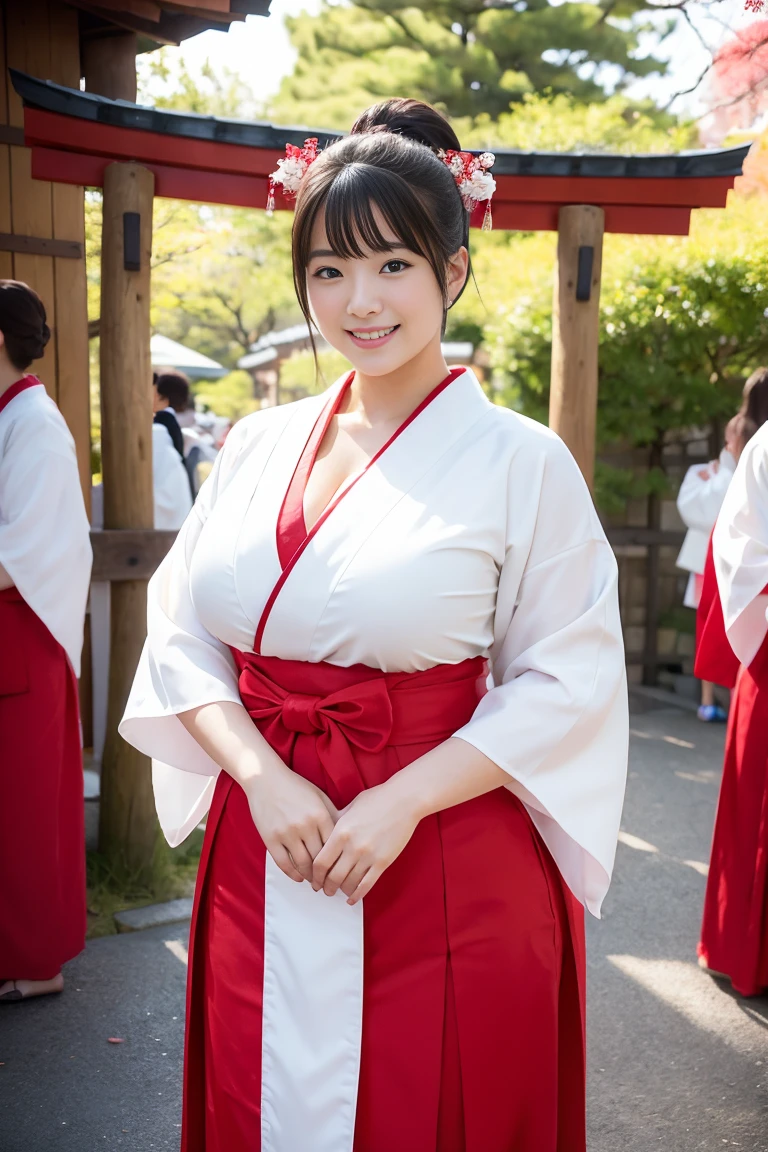 (Highest quality、In 8K、Masseter muscle area、Delicate illustrations)、Beautiful Japanese Shrine Maiden(A kind smile)、(Plump body 1.1)、((White kimono and red hakama)1.1)、Japanese shrines are crowded with people during the New Year.々Bustling with、Full body shot to the toes、Slightly large, plump breasts、