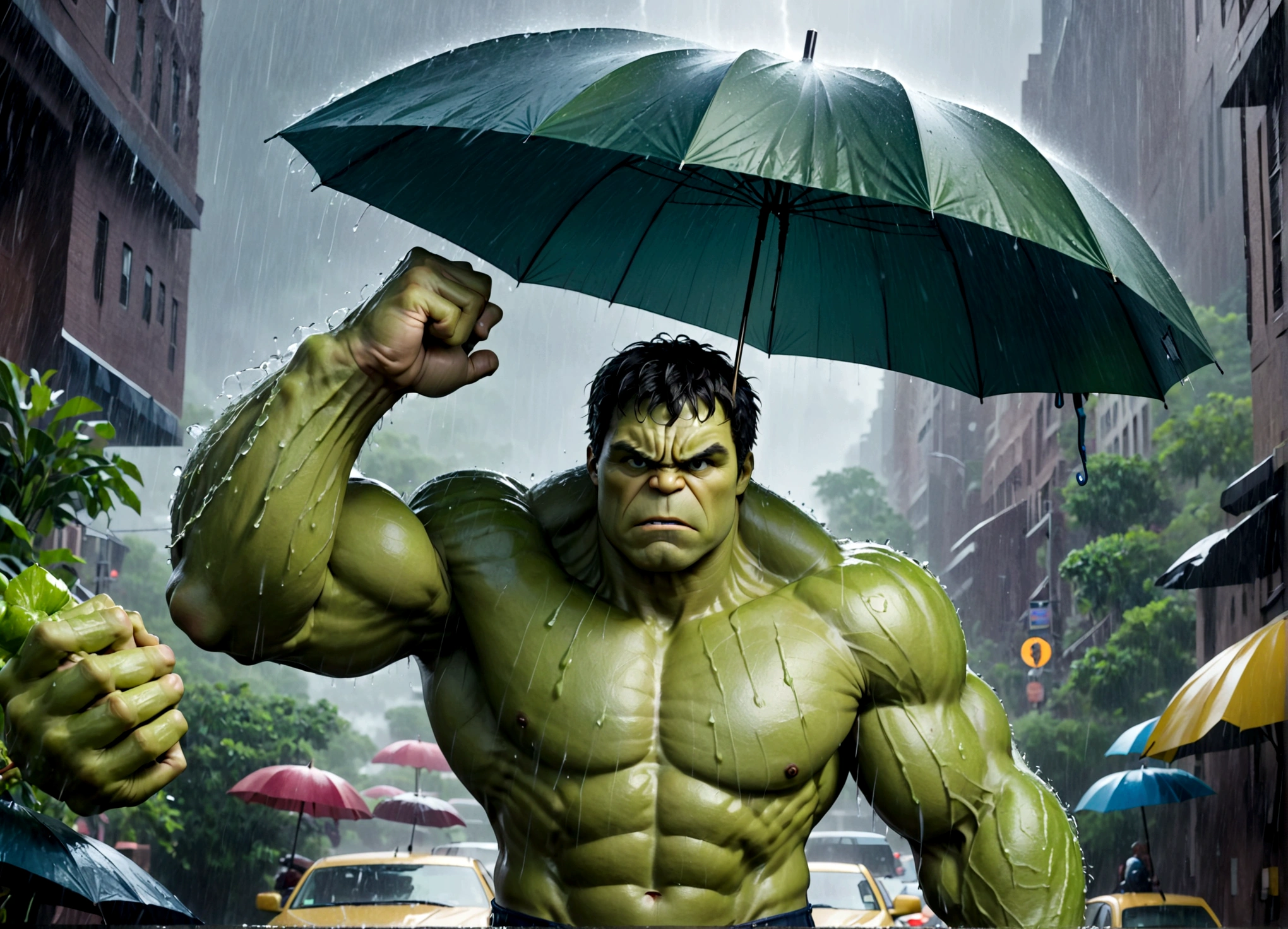 The incredible hulk, looking annoyed, is holding up a normal sized umbrella. It is a monsoon rain,