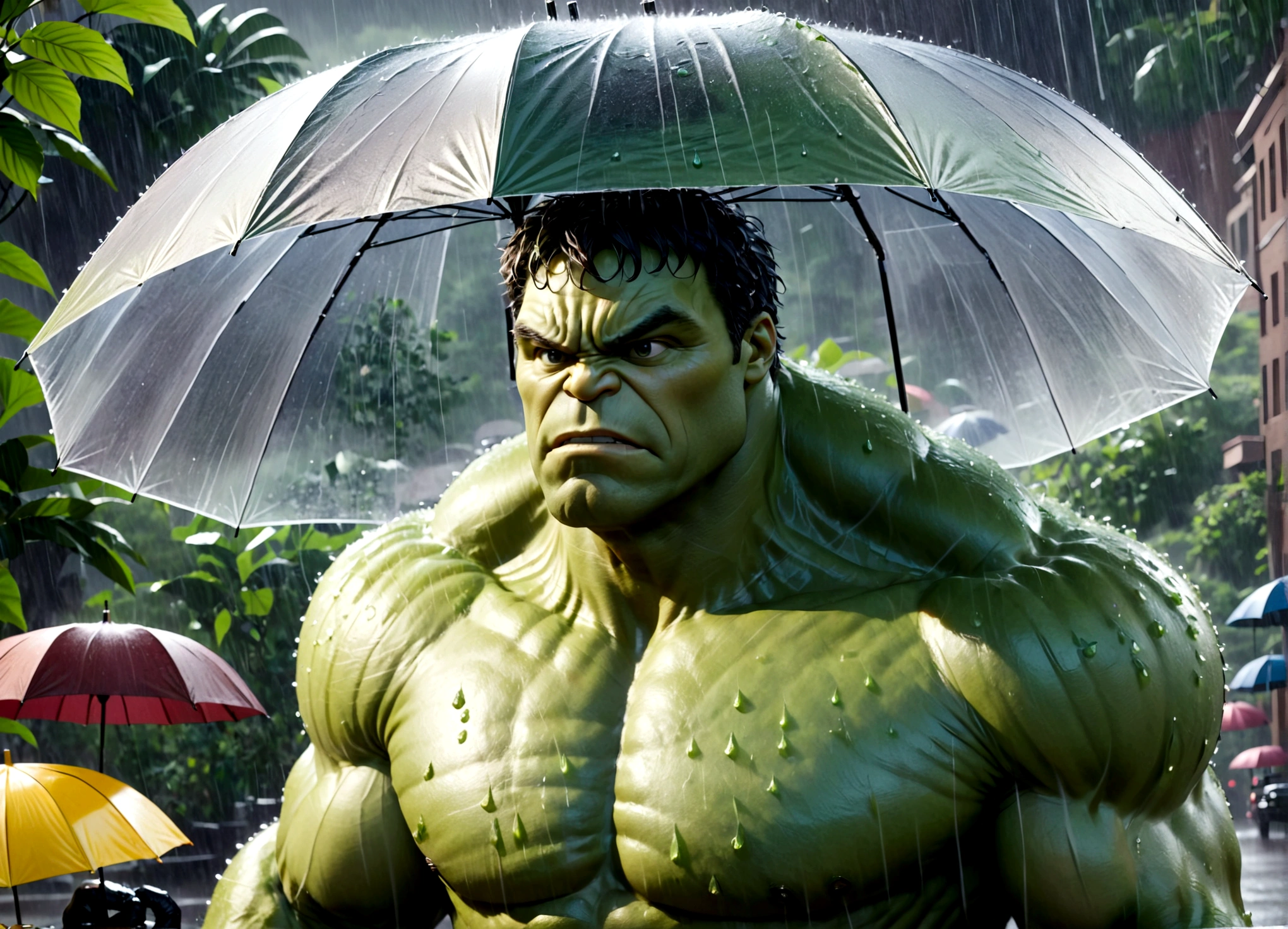 The incredible hulk, looking annoyed, is holding up a normal sized umbrella. It is a monsoon rain,