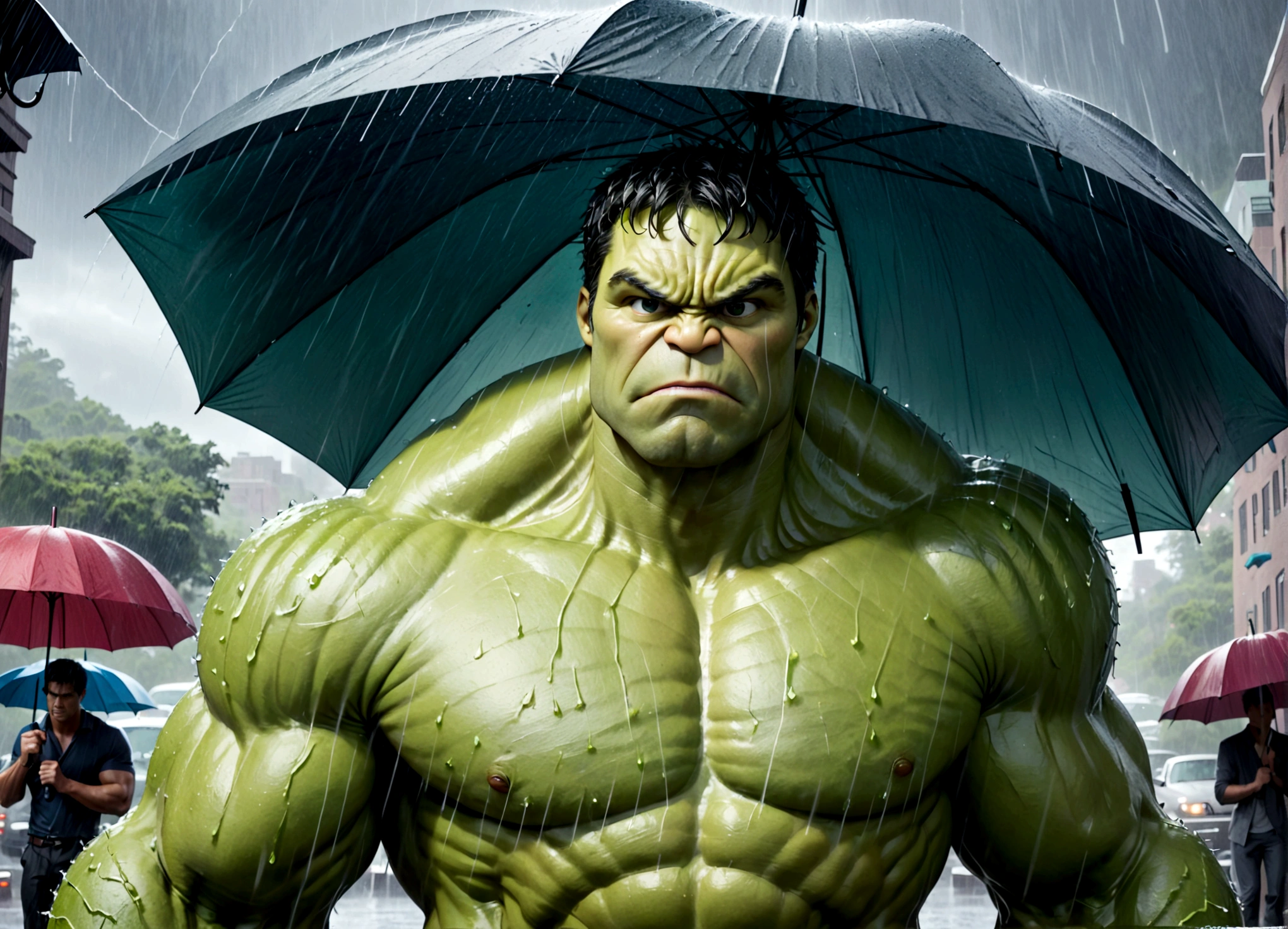 The incredible hulk, looking annoyed, is holding up a normal sized umbrella. It is a monsoon rain,