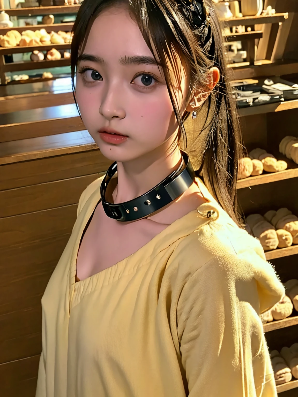 ((((upper body shot)))),(((Nude))),(((nipples))),(((sagging breasts))),Ultra-high resolution,big eyes,Japanese,(a girl),(1 girl),((baby face)),((Lolita)),((12 years old)),((cute)),pretty,earring,((facing at viewer)),necklace,(long hair),((looking at viewer)),((iron collar))