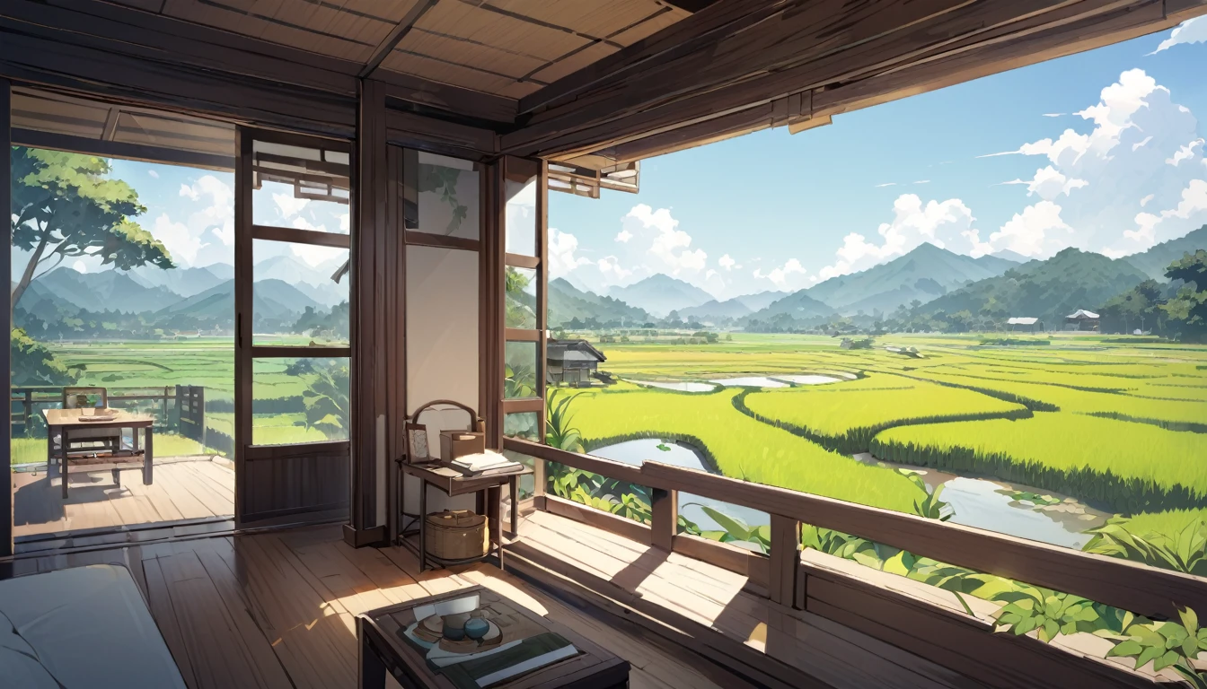 A view of the countryside from the living room of an old house。There are also beautiful rice fields and a gentle breeze blowing.
