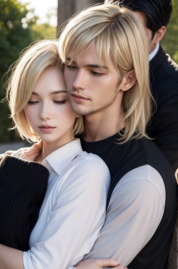 onde blond woman hugs back of a man with Black dark hair.  Detais, good light, perfect face of woman, faceless man