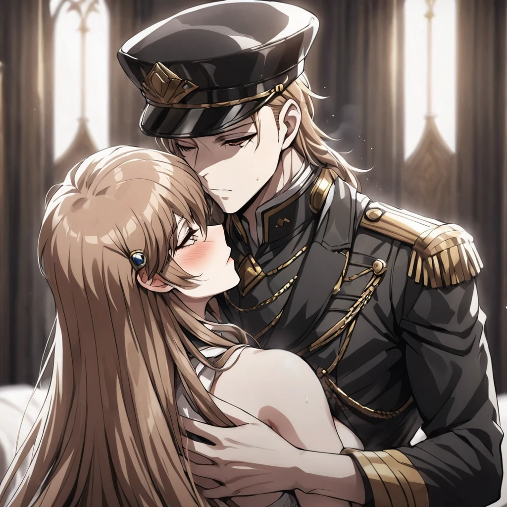 ((Highest quality)), ((masterpiece)), (detailed), （Perfect Face）、The woman is Princess Leona, with medium-long light brown hair, and is wearing a sexy black military uniform and cap for women. In a luxurious room, she is embraced by a strong, dignified, old, male general, who is a villain, and is kissed and loved by him as his mistress.、Women are brainwashed, expressionless, and have no highlights in their eyes.